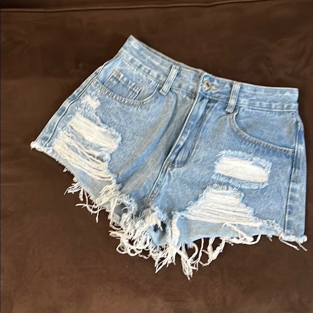 SHEIN Blue Distressed Jean Shorts with Frayed Hem